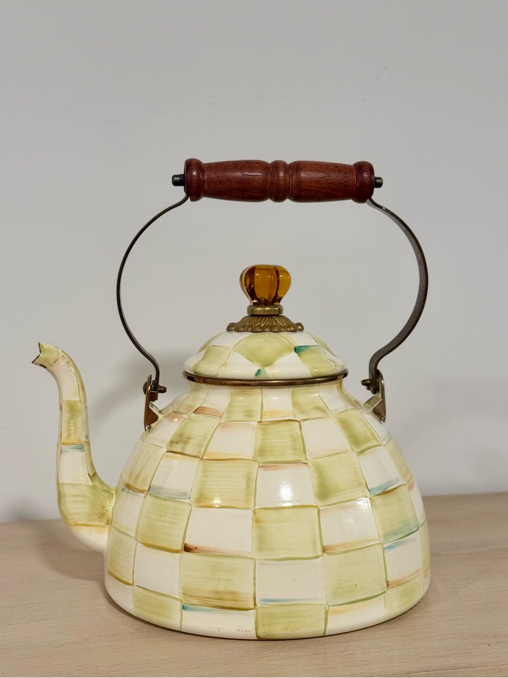 Neiman Marcus MacKenzie-Childs Parchment Check 3-Quart Tea Kettle amber knob